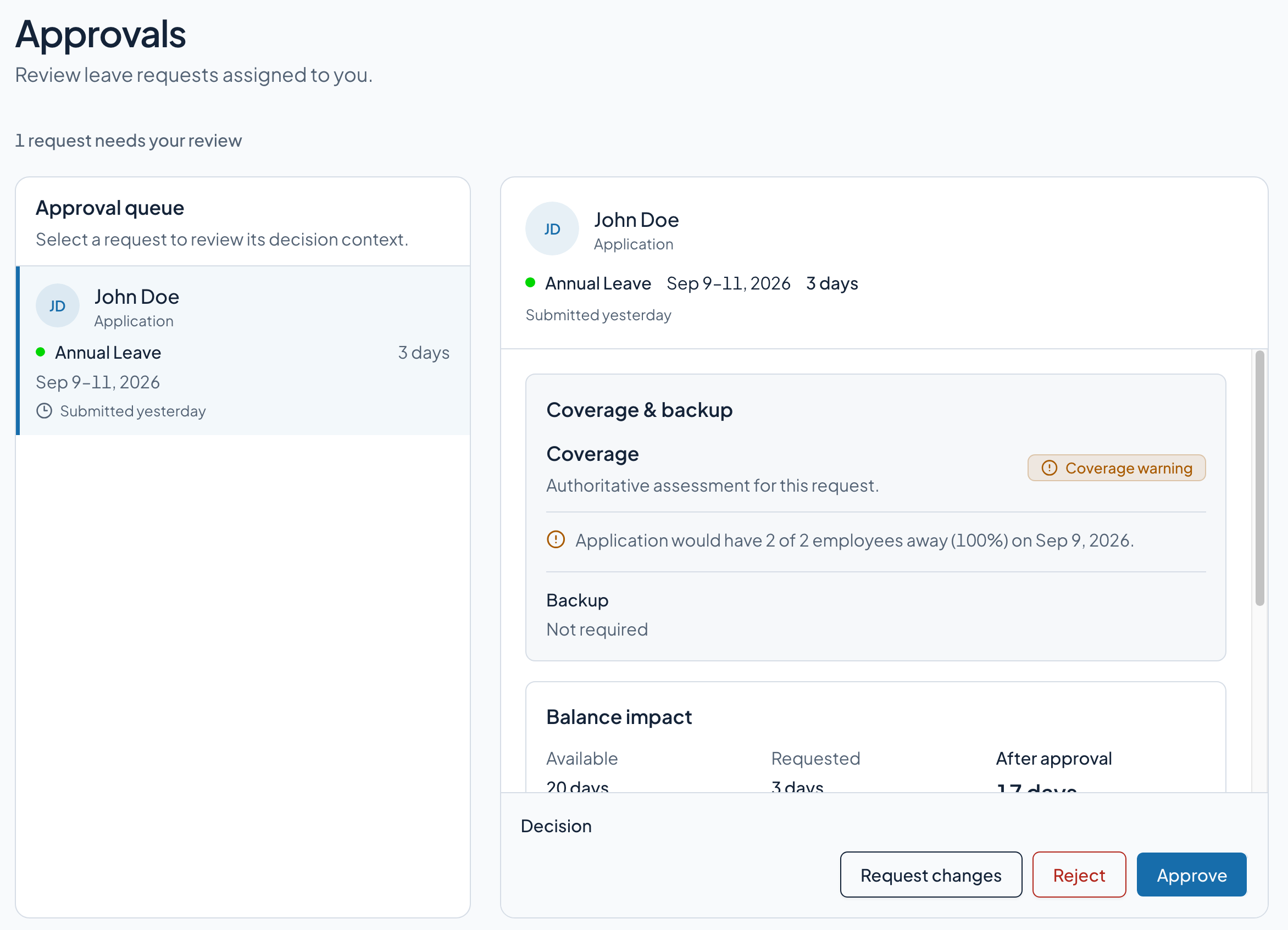 PeopleEvo approval workflow showing a coverage warning, backup employee, and approval action.
