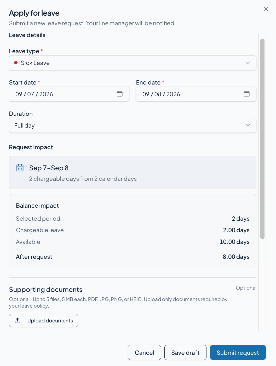 PeopleEvo employee leave request form showing leave type, date range, duration, and remaining balance.