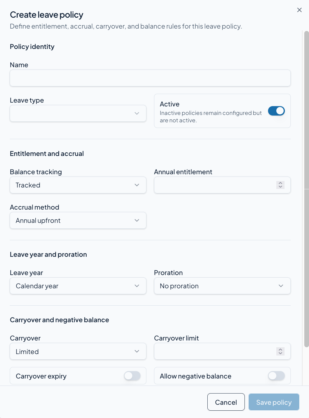 PeopleEvo leave policy configuration showing entitlement, accrual, leave year, proration, carryover, and negative balance settings.